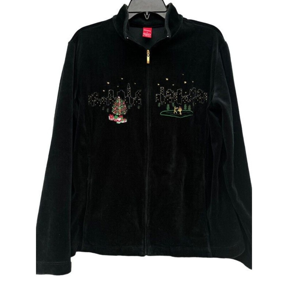 Merry & Bright UGLY Christmas Tree Ice Skating Black Full Zip Velvet Sweater Med